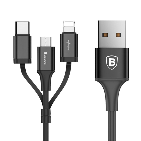 کابل شارژ 3 سر میکرو , لایتنینگ و تایپ سی باسئوس Baseus Excellent Three-in-one Cable USB For Micro/Lightning/Type-C 2A 12M Black