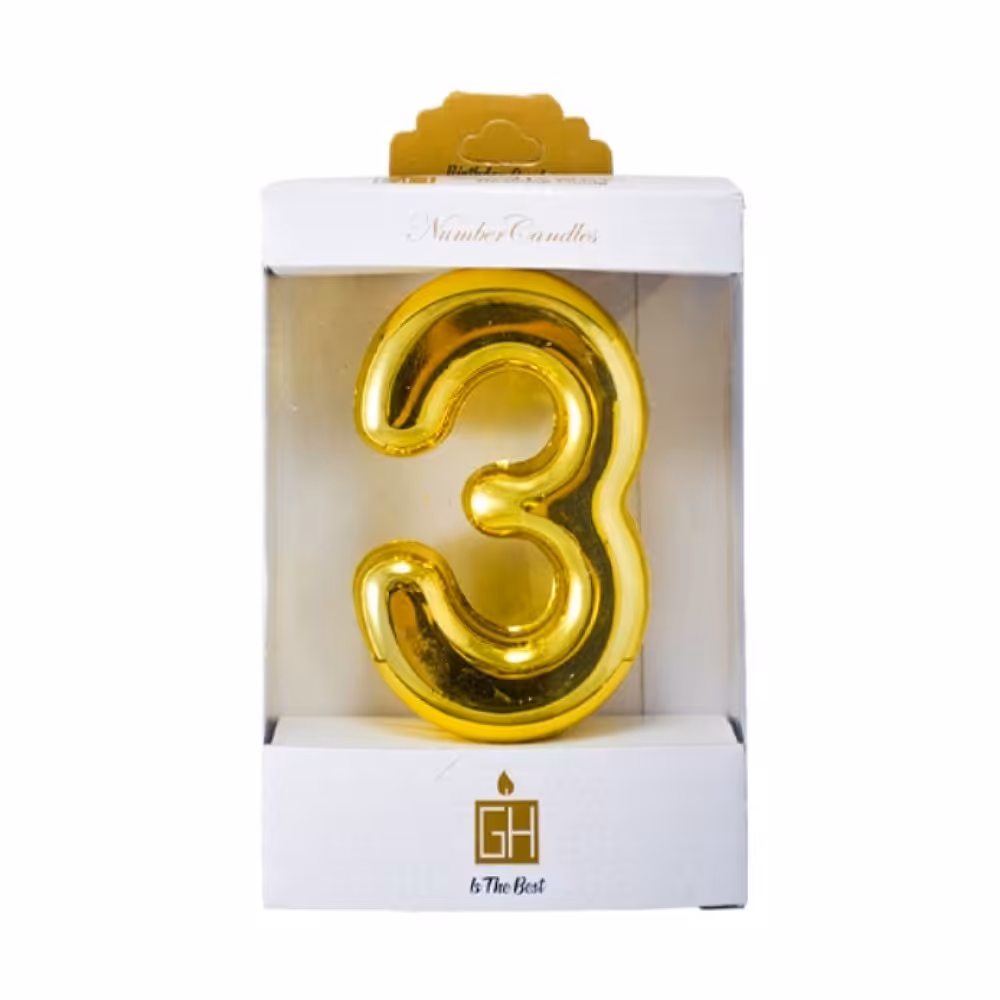 شمع کروم طلایی عدد سه (3)( شمع کروم.شمع عدد سه .شمع 3 .شمع رو کیکی.شمع تولد.شمع ساده