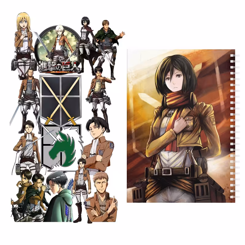 دفتر مشق باژیکان طرح انیمه اتک آن تایتان Attack On Titan کد 20211461 به همراه استیکر لپ تاپ مجموعه 14 عددی