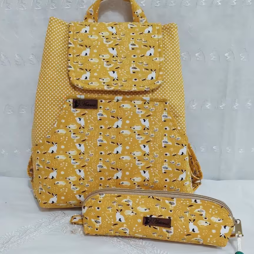 ست کوله وجامدادی  با پارچه کتان نخ 