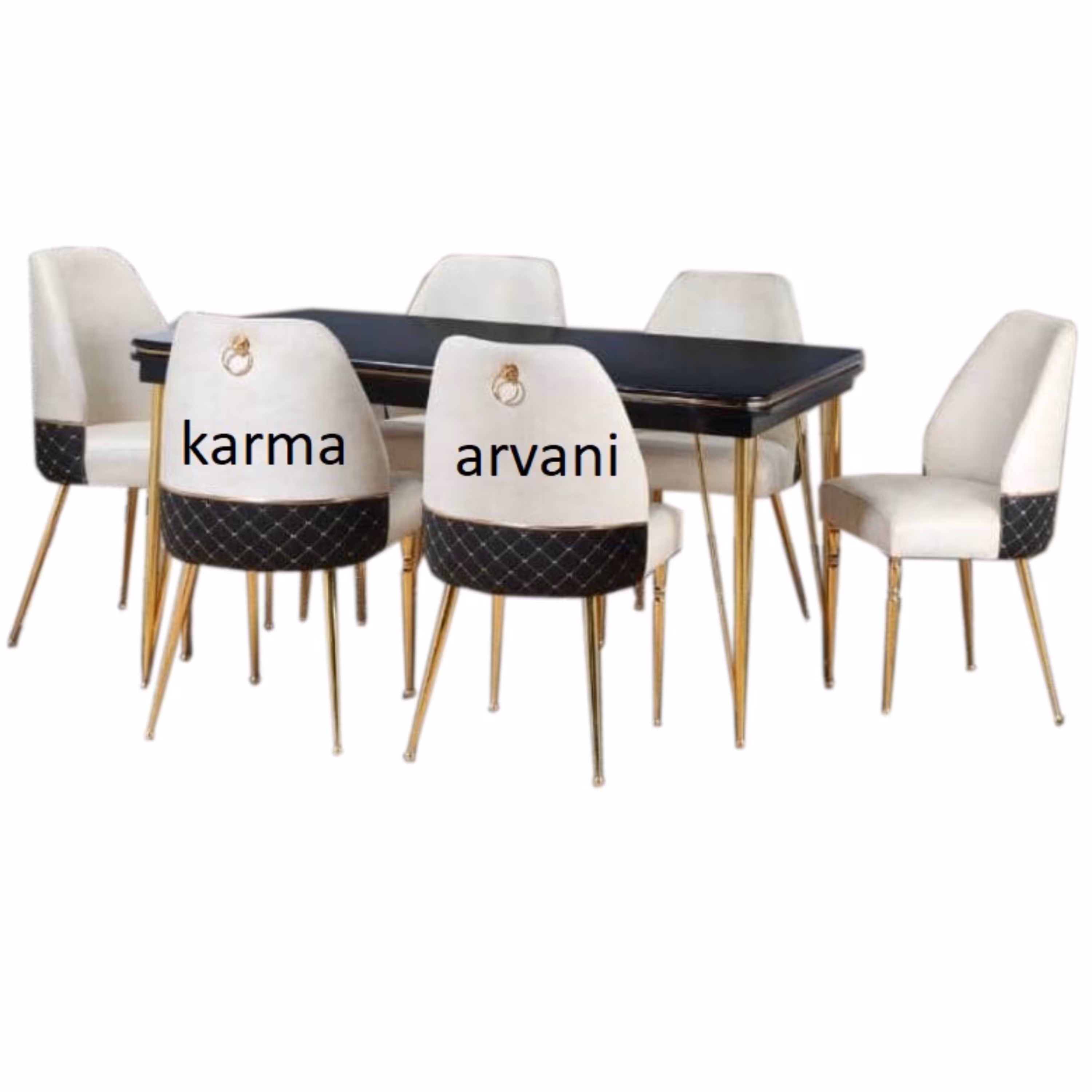 میز و صندلی ناهار خوری 6 نفره استیل مروارید سفید مشکی طرح سنگ 155*90*77 برند صنعت چوب کارما 