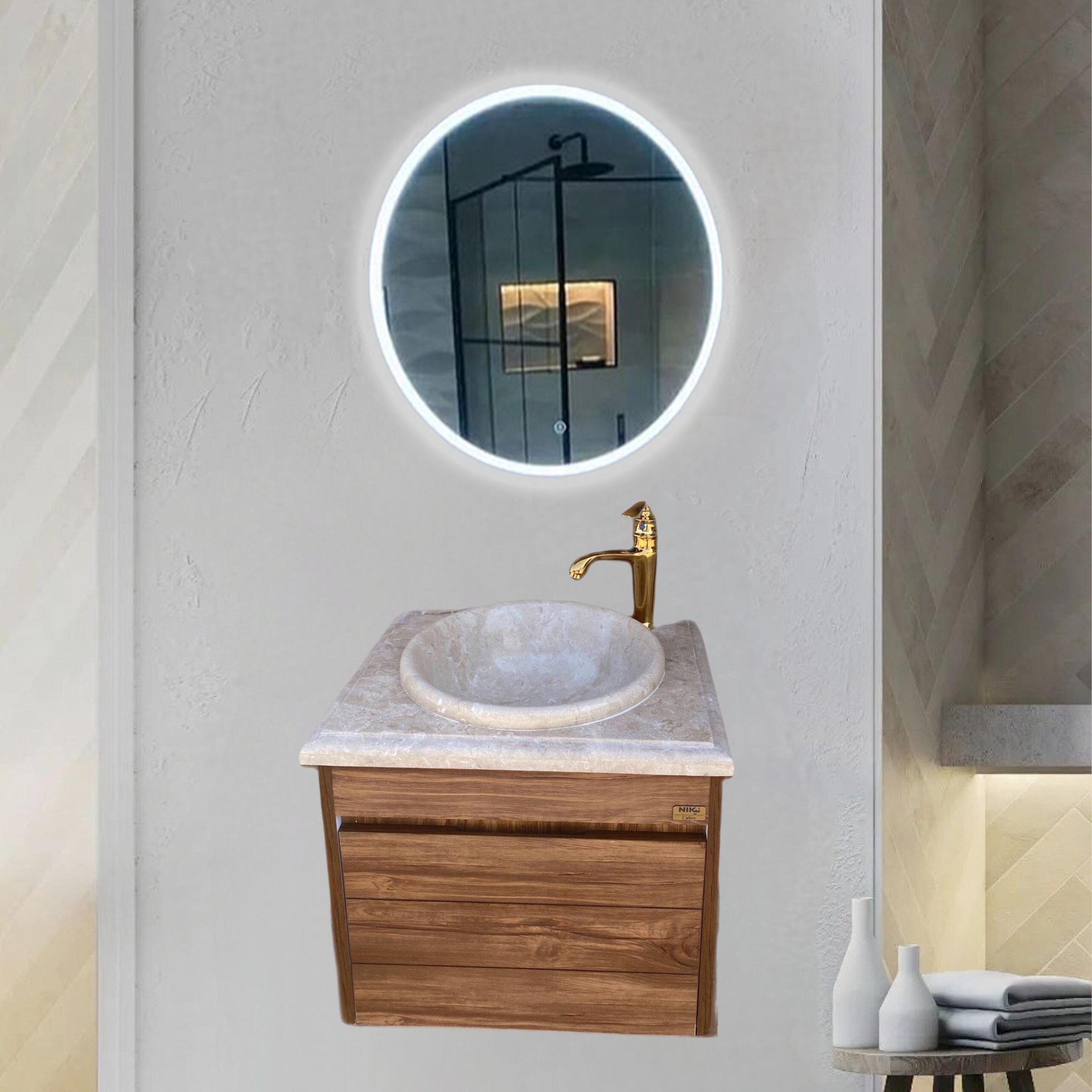 روشویی کابینتی طرح چوب دیواری سایز 60 با سنگ طبیعی توکار همراه آینه بک لایت گرد