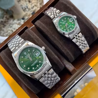 ست ساعت زنانه و مردانه مارک رولکس بند نقره ای صفحه سبز