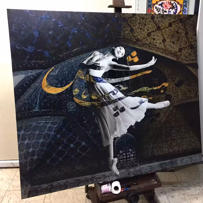 تابلو بوم تلفیقی نقاشیخط دیجیتال آرت گالری چارگوش  4528