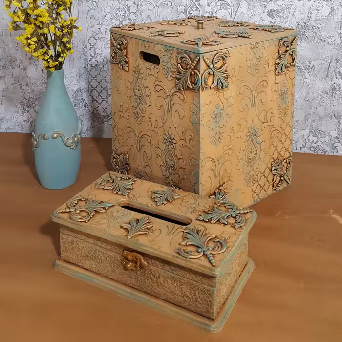 ست سطل و جا دستمال کاغذی چوبی طرح برجسته