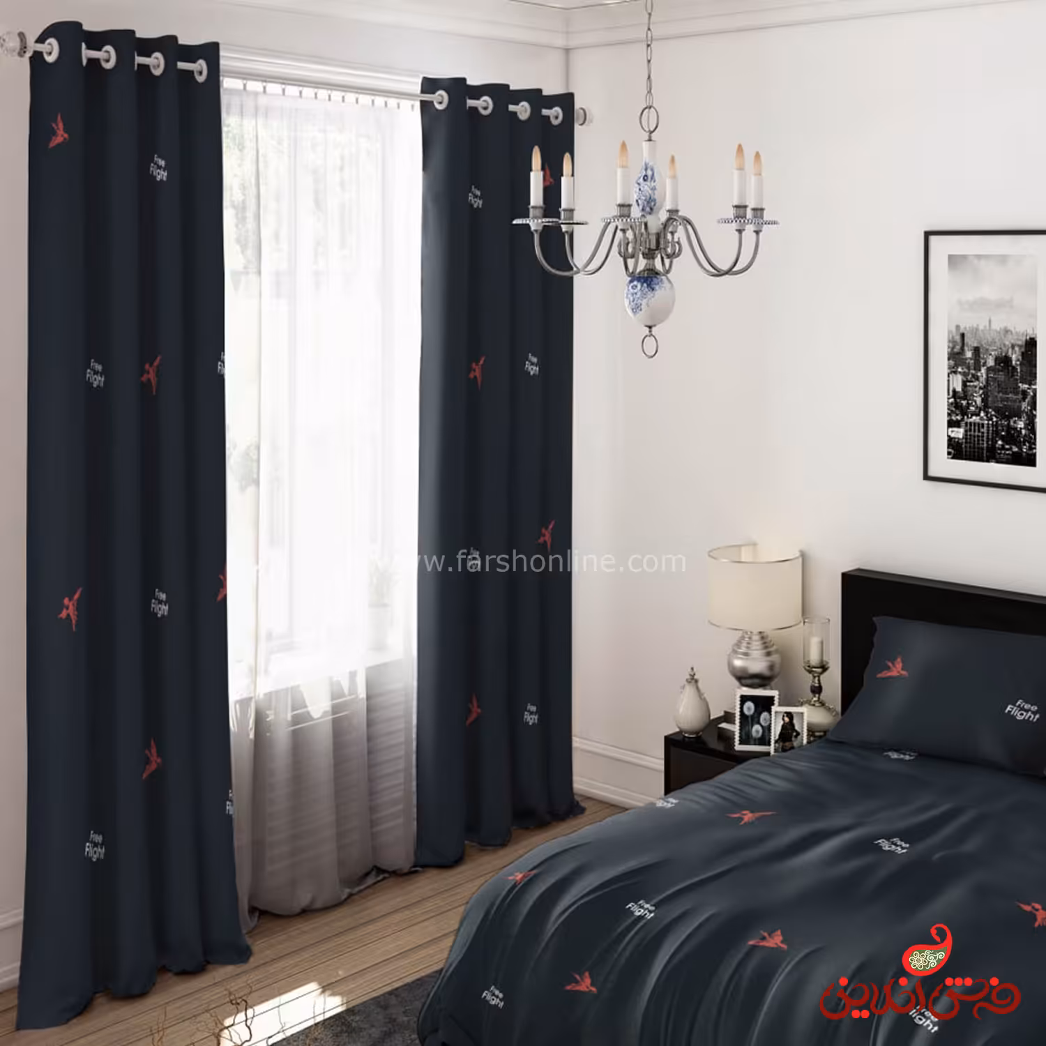 پرده 2 عددی طرح فانتزی سرمه ای 15039/1