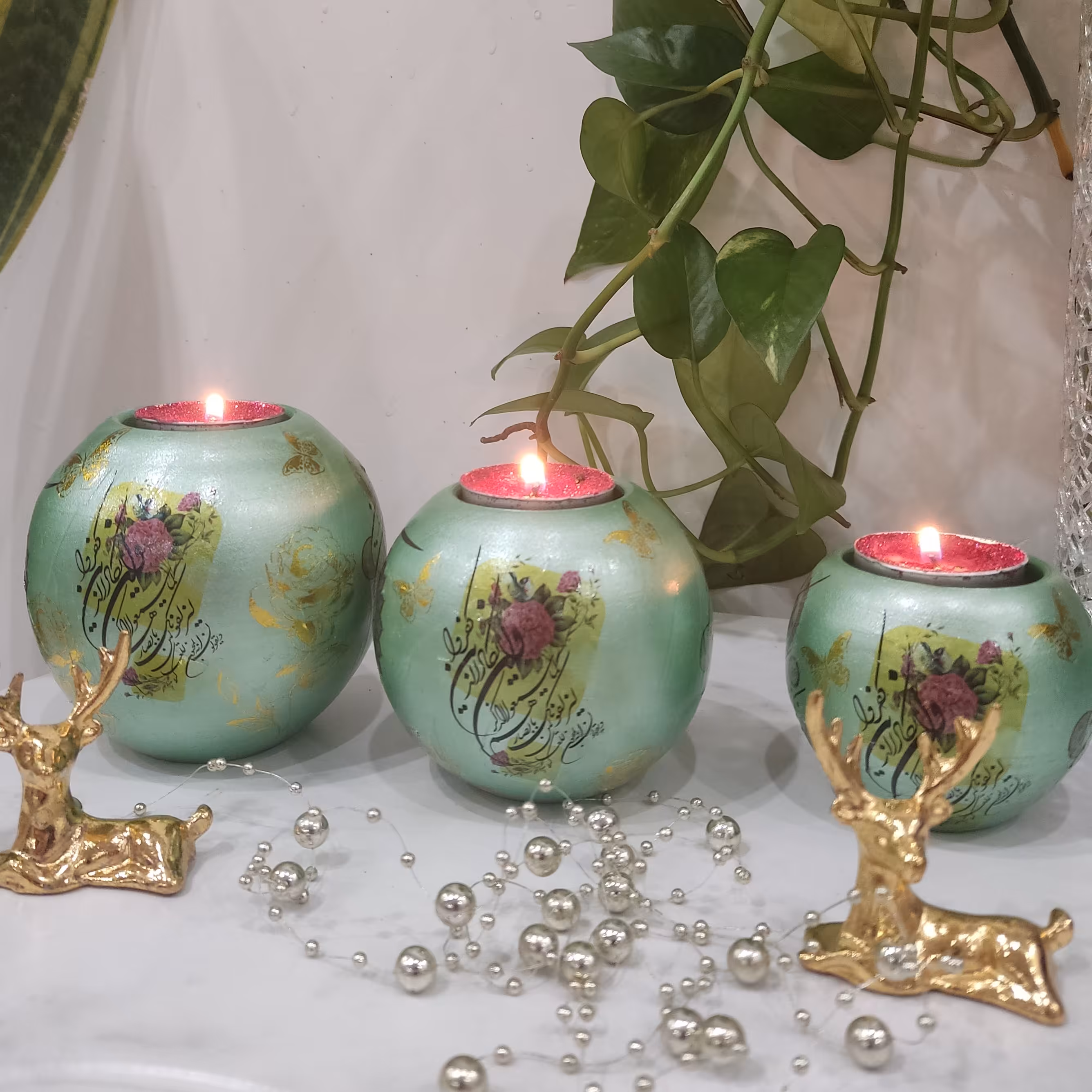 جاشمعی  وان یکاد دکوپاژ(کارشده با ترانسفر)  سفالی دستسازبه رنگ سبز صدفی(قطر22و27و33)