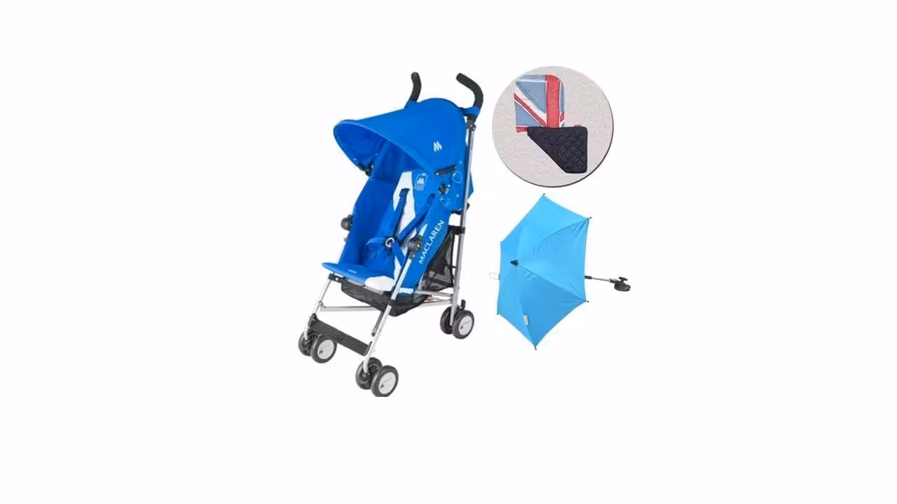 کالسکه  مدل تریمف آبی Trimph (به همراه روکش و چتر ) برند مک لارن maclaren