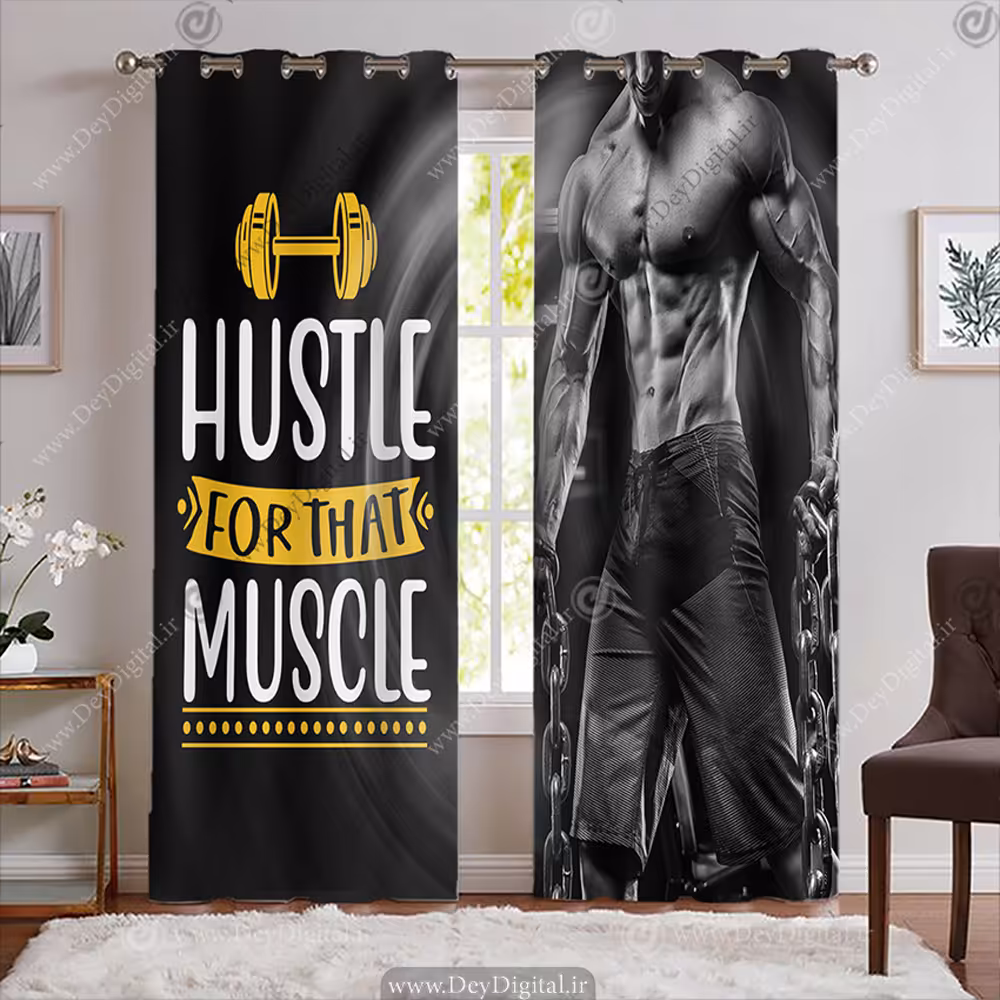 پرده پانچی آماده باشگاه بدنسازی طرح بدن کات با عنوان به عضله ات فشار بیار BA-7196-s