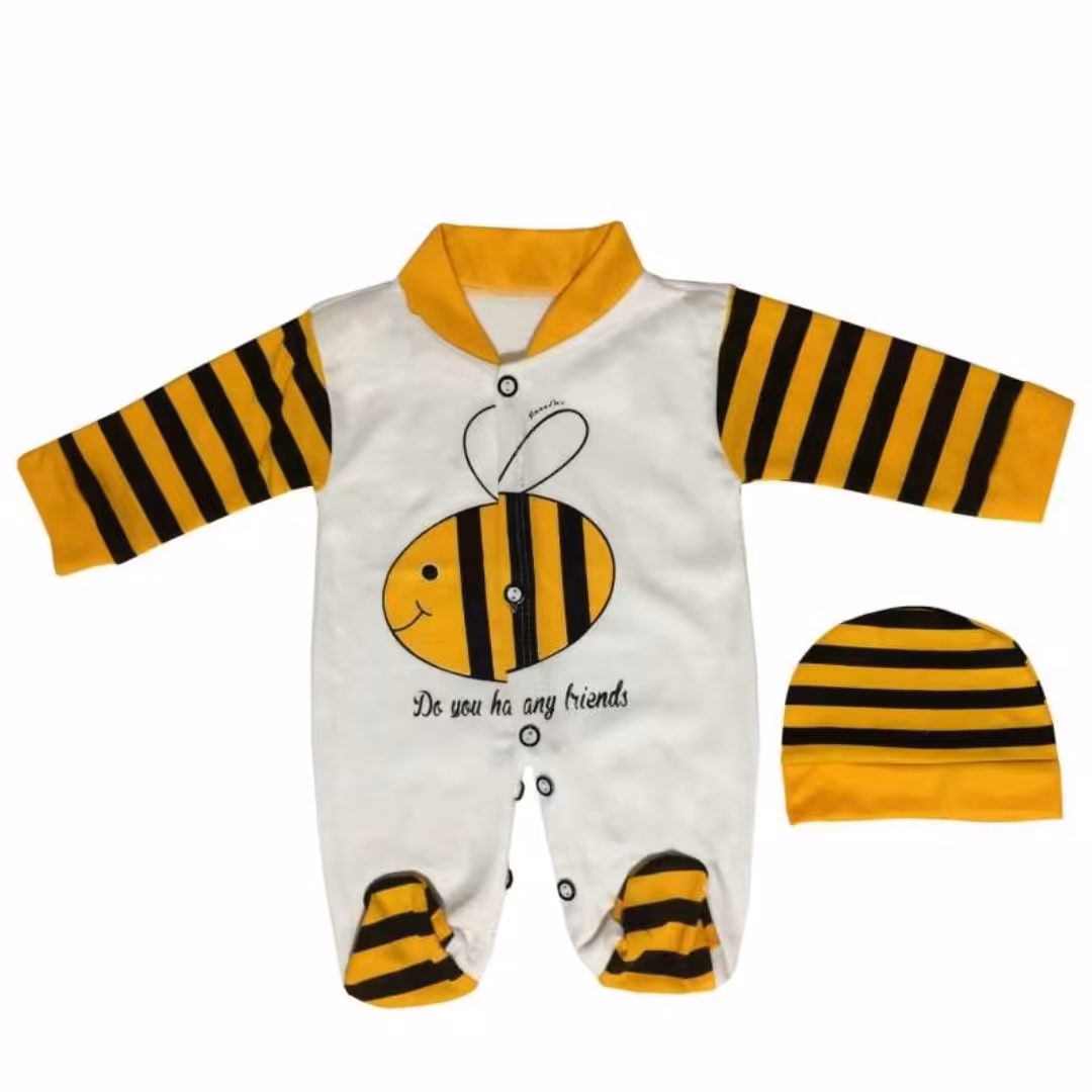 ست سرهمی و کلاه نوزادی طرح زنبور کد 104