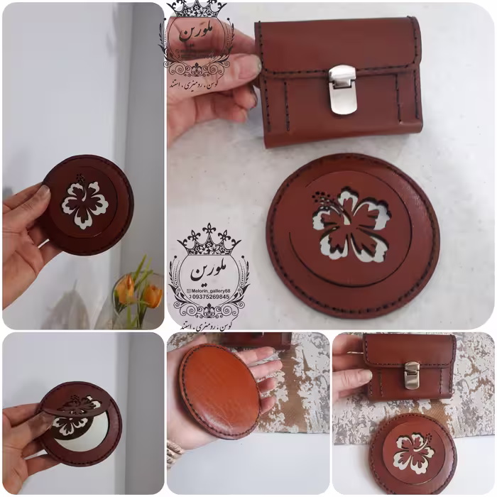کیف جا کارتی و آیینه ست چرم دست دوز 