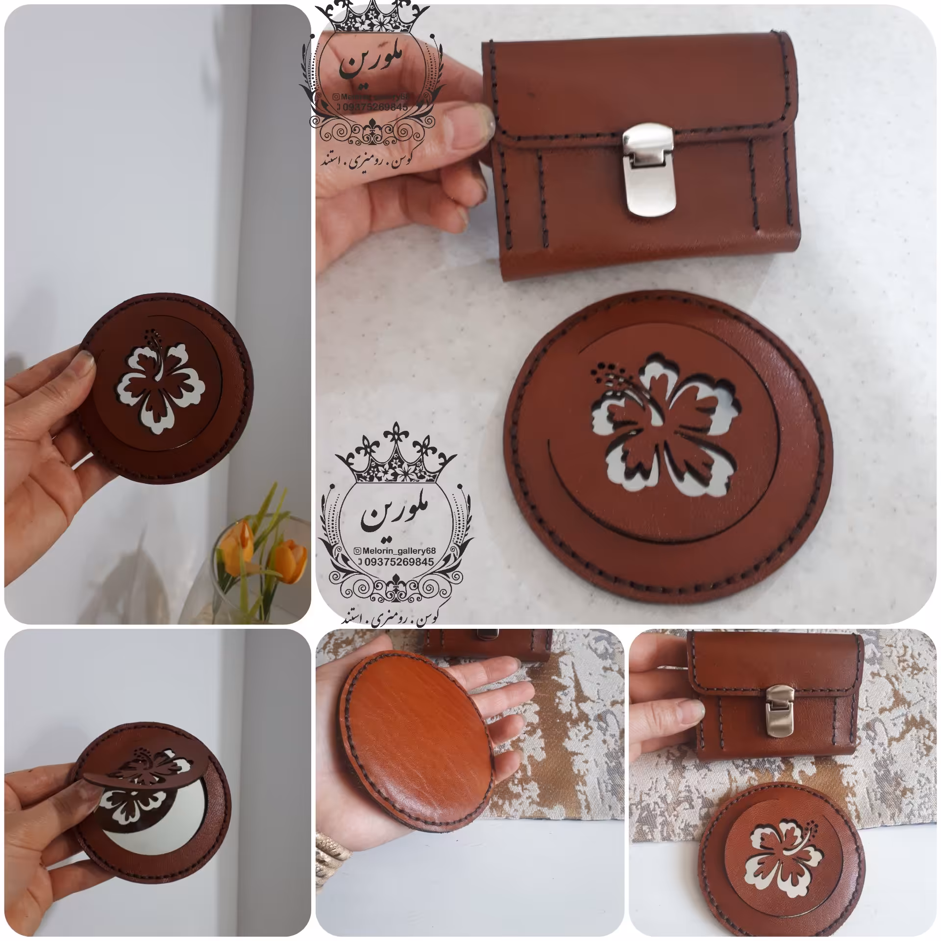کیف جا کارتی و آیینه ست چرم دست دوز 