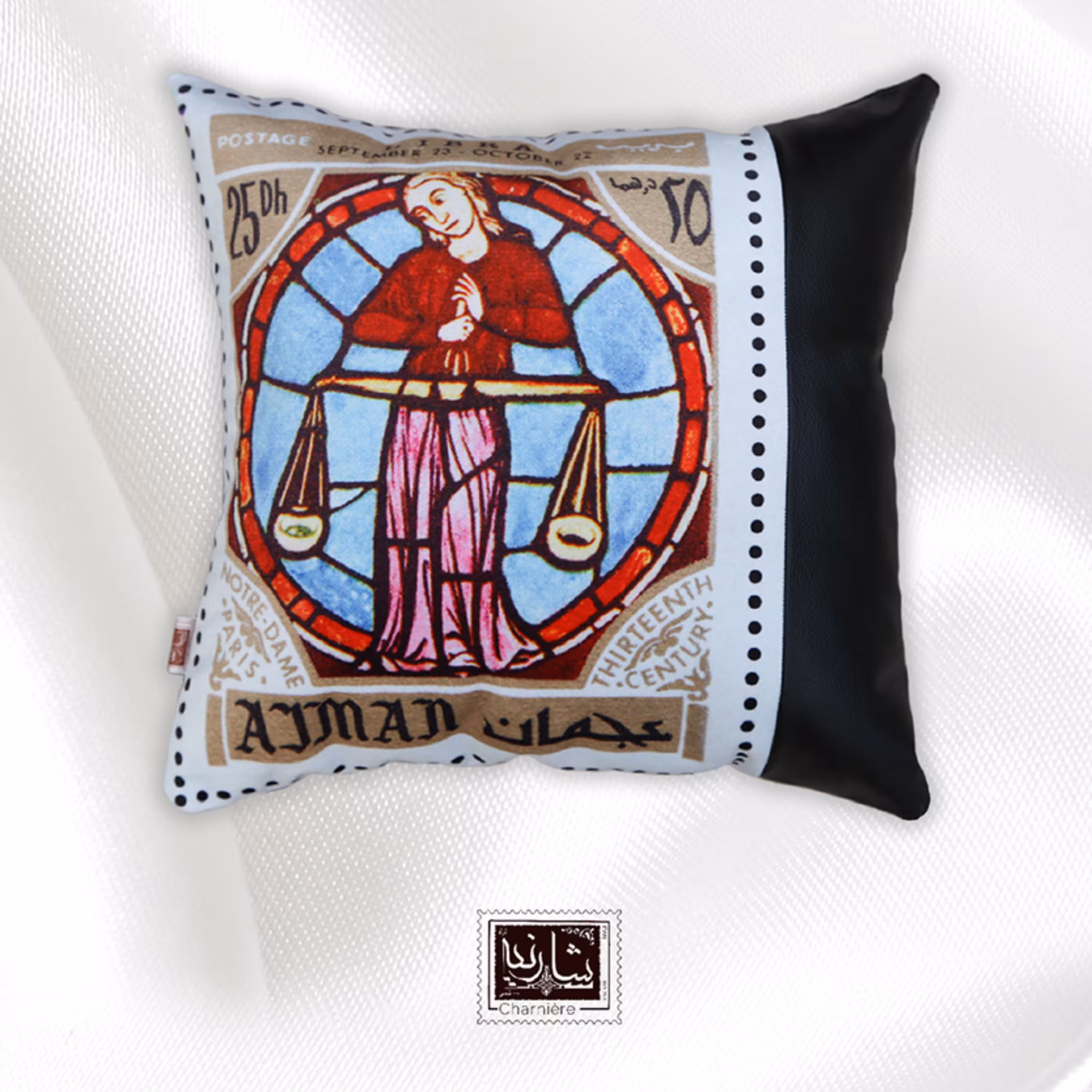 کوسن مخمل شارنیه با طرح تمبر ماه تولد مهر