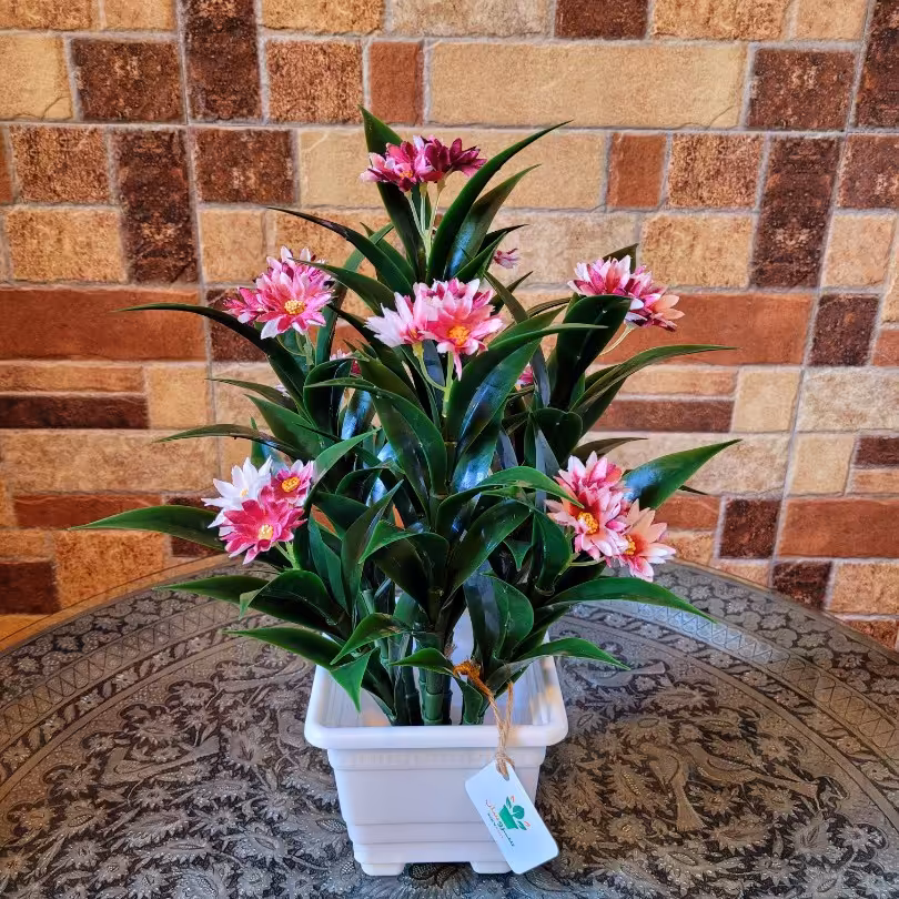  گل مصنوعی  مینا صورتی مصنوعی 27 گل صورتی گلدان سفید 45 سانت  ( فروشگاه کاج ) 