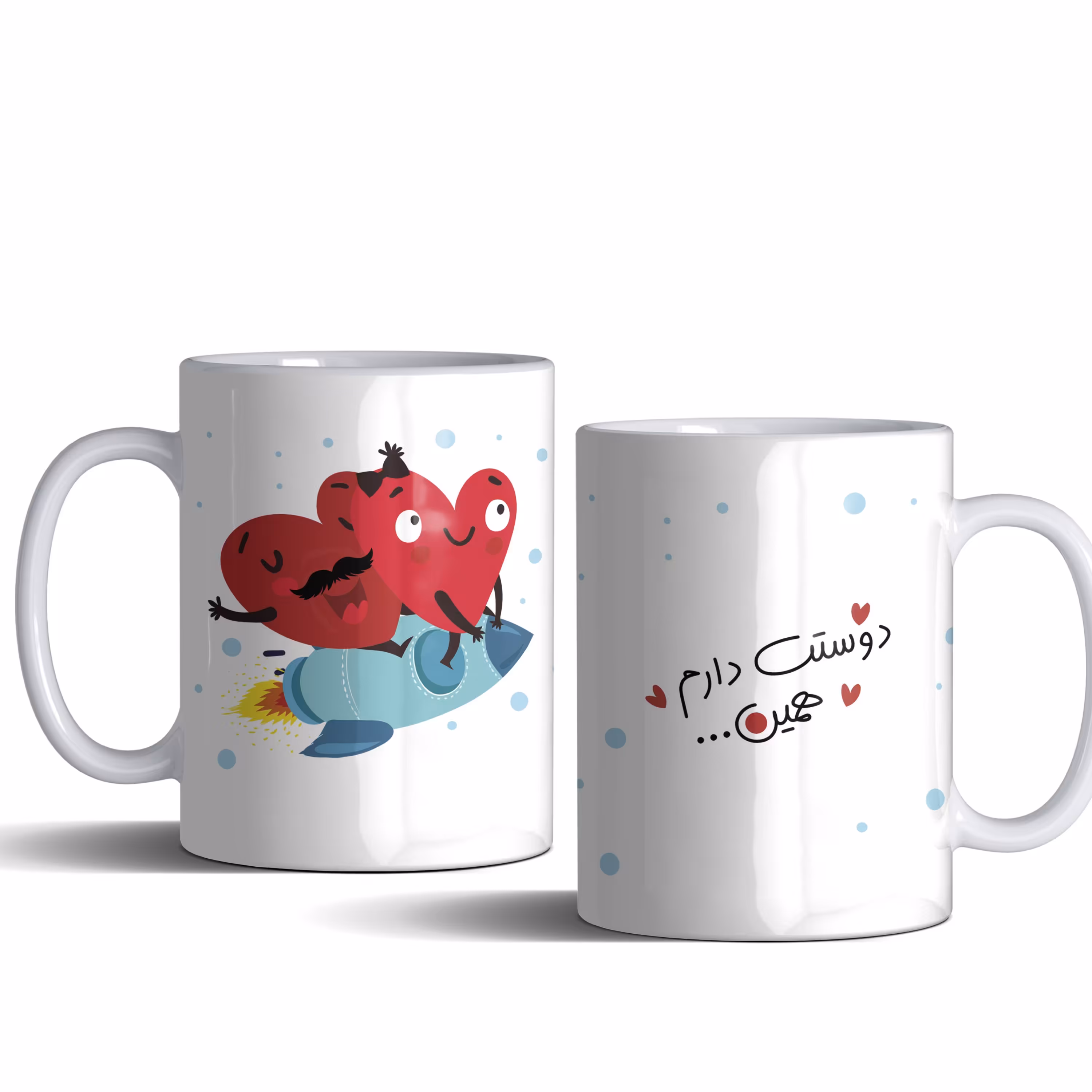 لیوان (ماگ) عاشقانه با طرح قلب سوار بر موشک با متن دوستت دارم همین