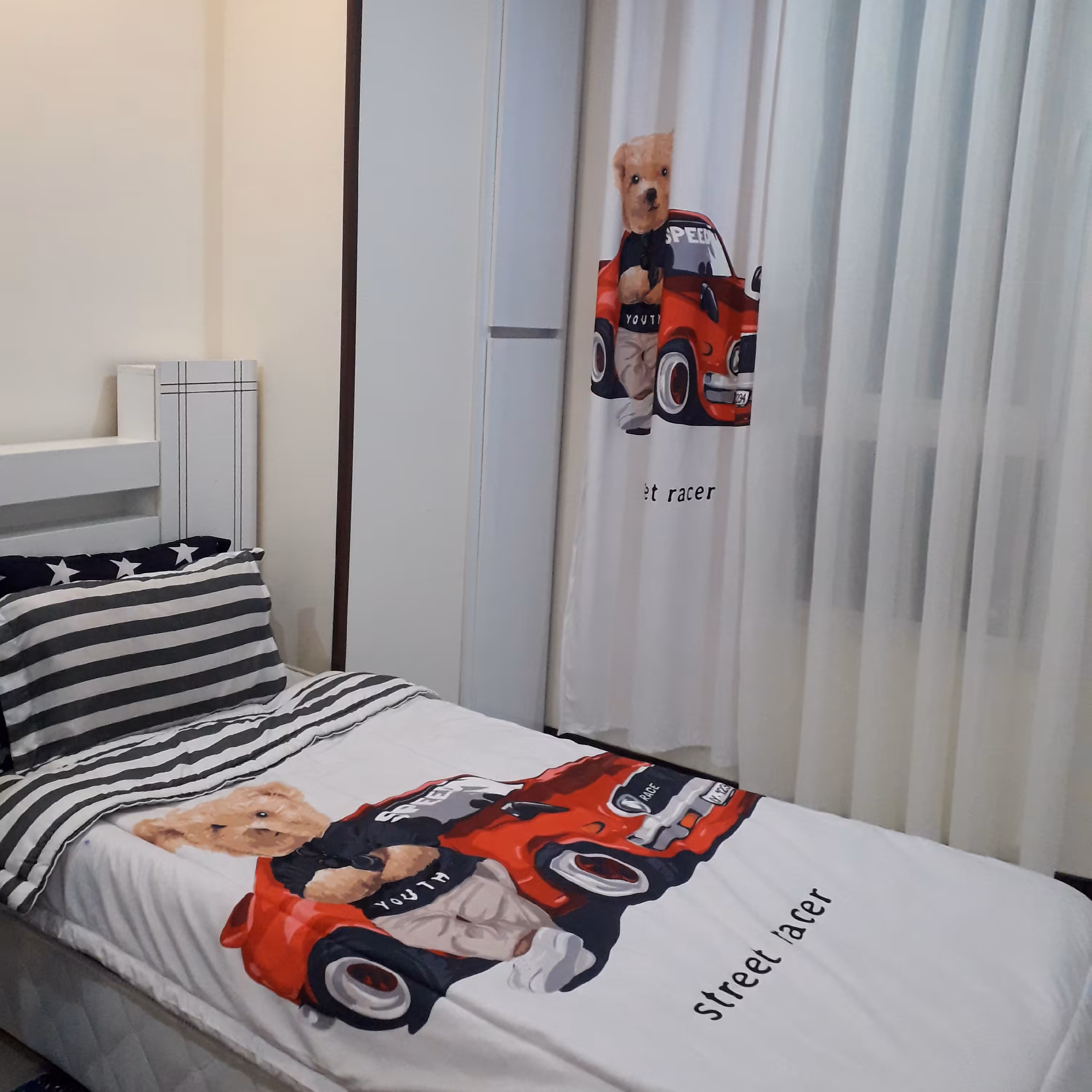 ست کامل روتختی و پرده  طرح تدی چاپی  یک نفره  قابل سفارش در رنگ و طرح ها و سایز های مختلف به سلیقه مشتری عزیز