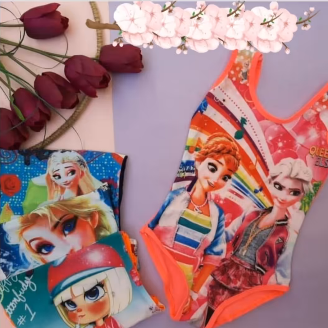 مایو دخترانه تمام چاپ کلاهدار 