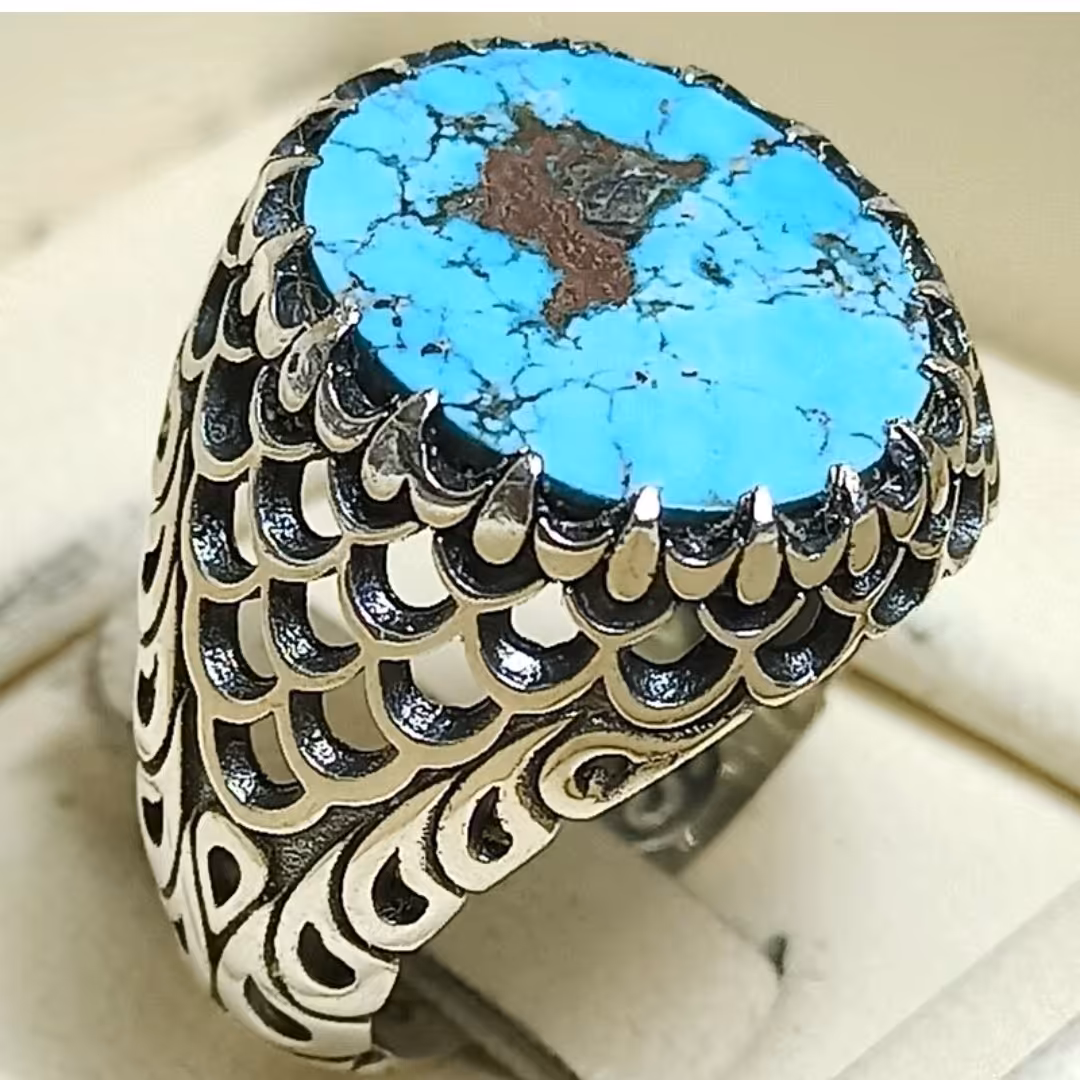 انگشتر  نقره فیروزه نیشابوری شجری  آبی 114