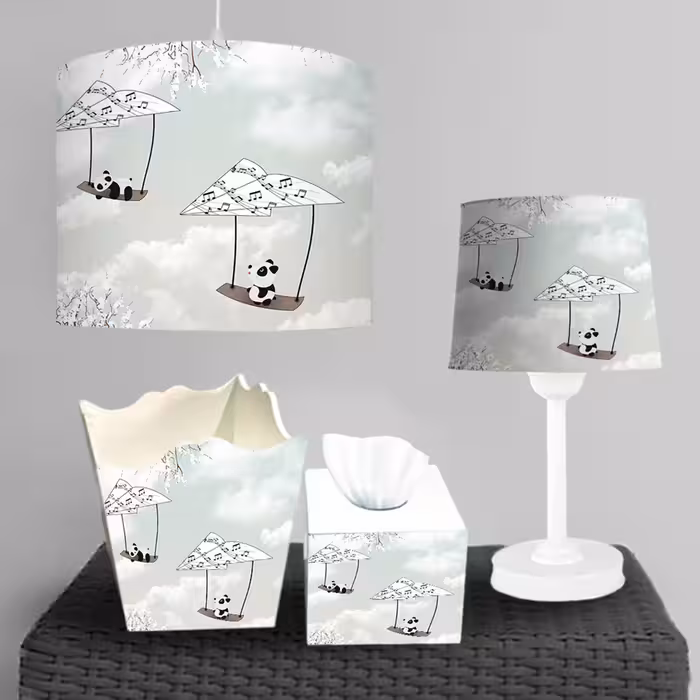 لوستر و ساعت اتاق نوزاد طرح پاندا های سوار موشک کاغذی با زمینه آسمان ba-5766