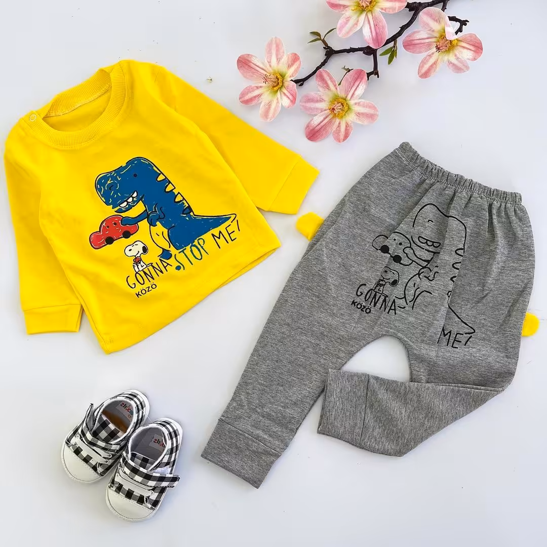 بلوز شلوار دایناسور زرد پسرانه جنس پنبه، قواره دار سایز 1234