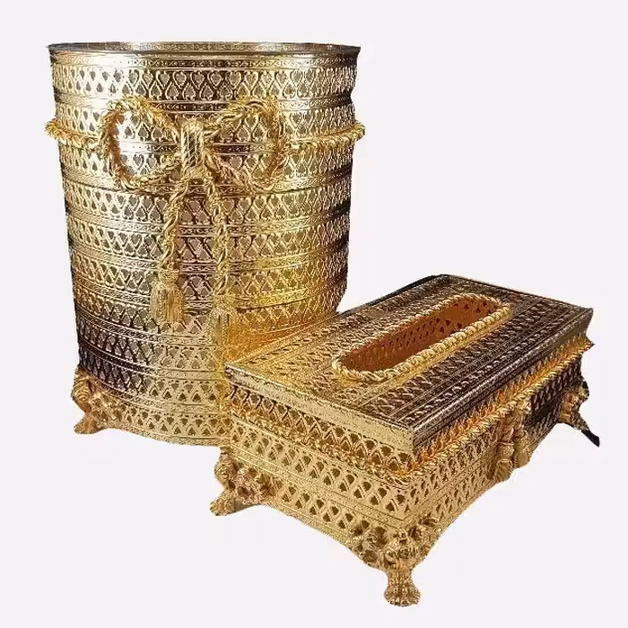 ست جای دستمال کاغذی و سطل طلایی یونیک کد 4248