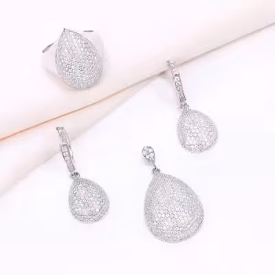 نیم ست نقره زنانه پر نگین طرح اشکی درشت کد 16023