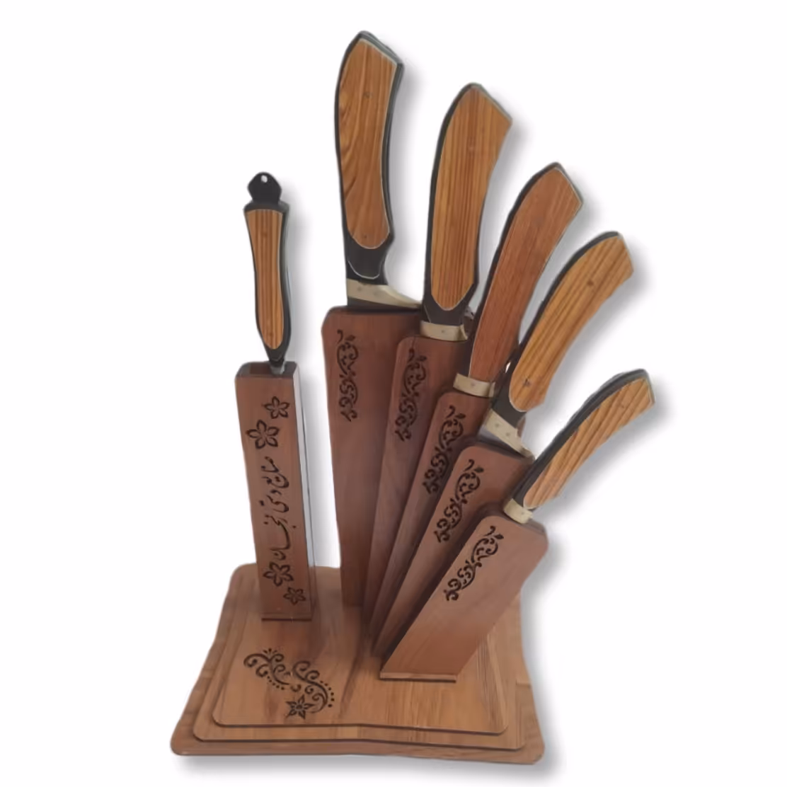 ست جهیزیه چاقو فاضل زنجان با تیغه استیل فولاد ضدزنگ و دسته چوب کائوچی با استند رنگ شتری