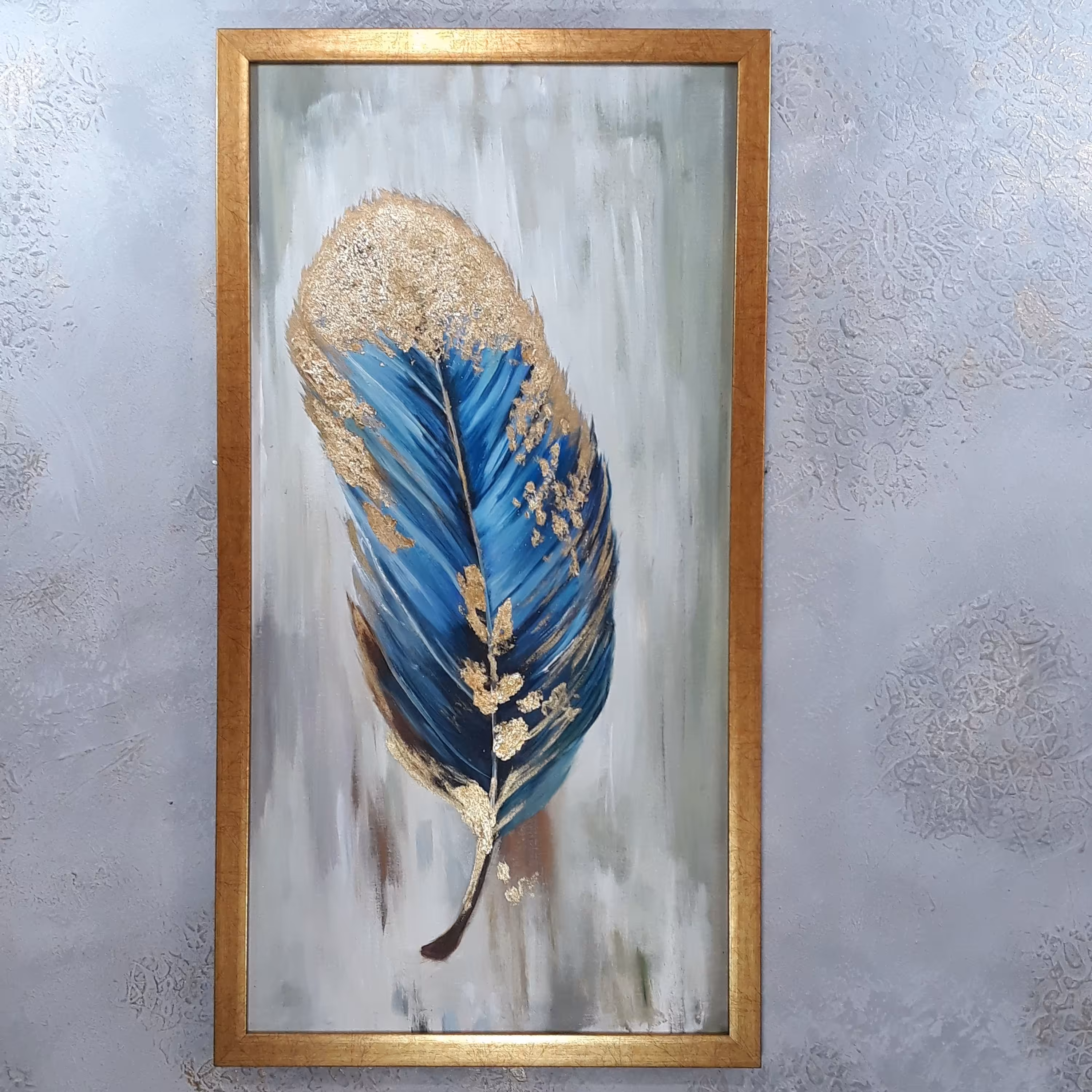 تابلو نقاشی پر آبی میکس ورق طلا 30 در 60 سانتی متر