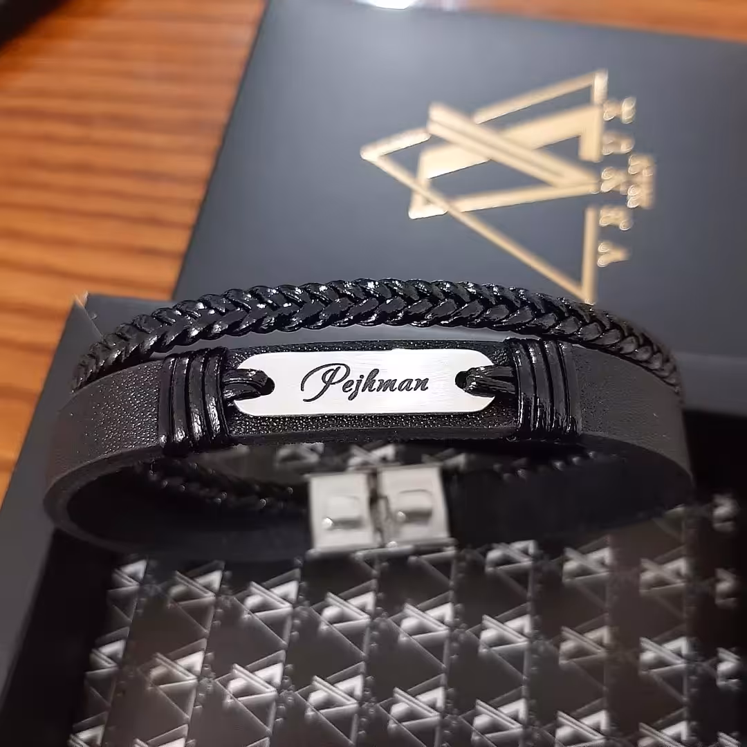 دستبند چرم پلاک استیل با حک دلخواه شما
