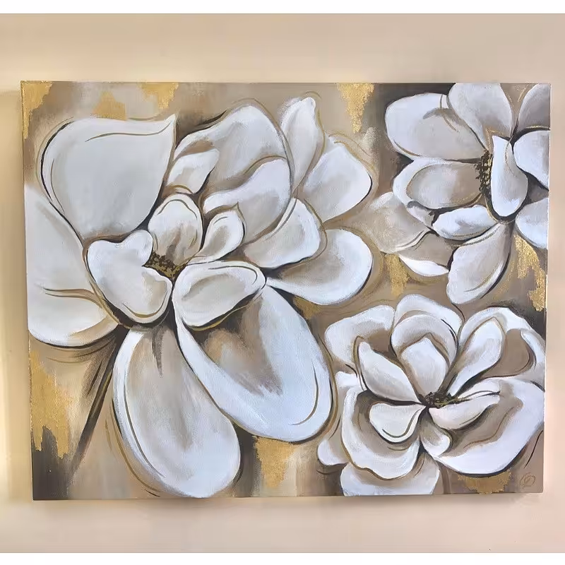 تابلو نقاشی گل سفید رنگ روغن و ورقطلا ابعاد 100در 70