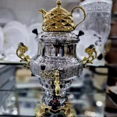 سماور گازی سه کاره آزمایش 6لیتر بدنه برنج مدل قلم درجه یک 1 سال ضمانت