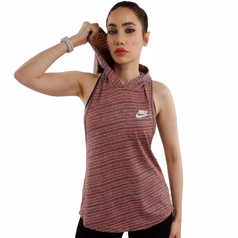 تاپ ورزشی زنانه طرح نایک رینگ کلاه دار KHS | صورتی/طوسی