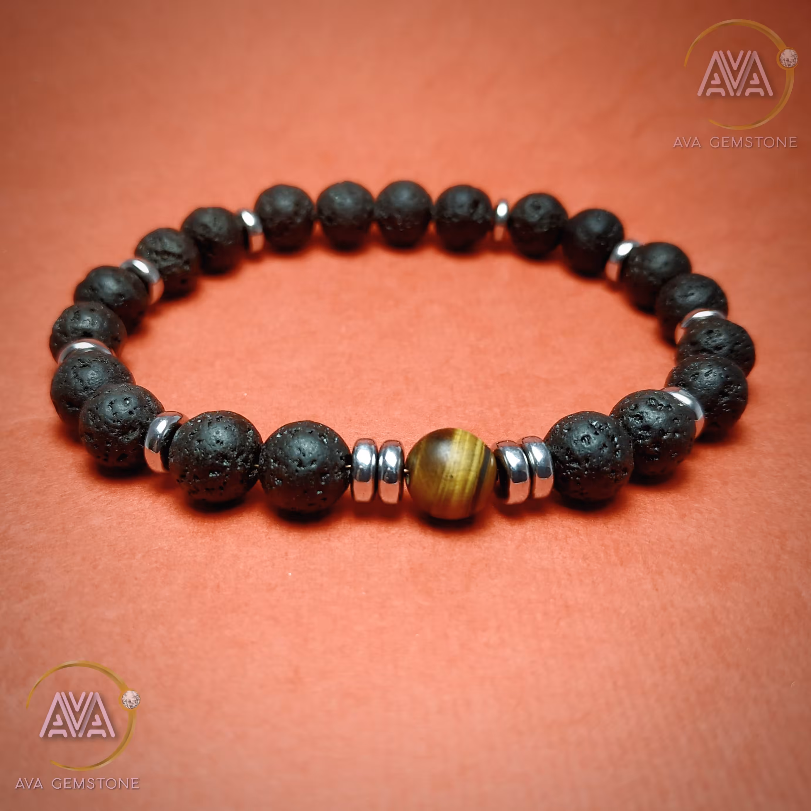 دستبند ترکیبی سنگ لاوا ، حدید واشری نقره ای و تک مهره چشم ببر مات