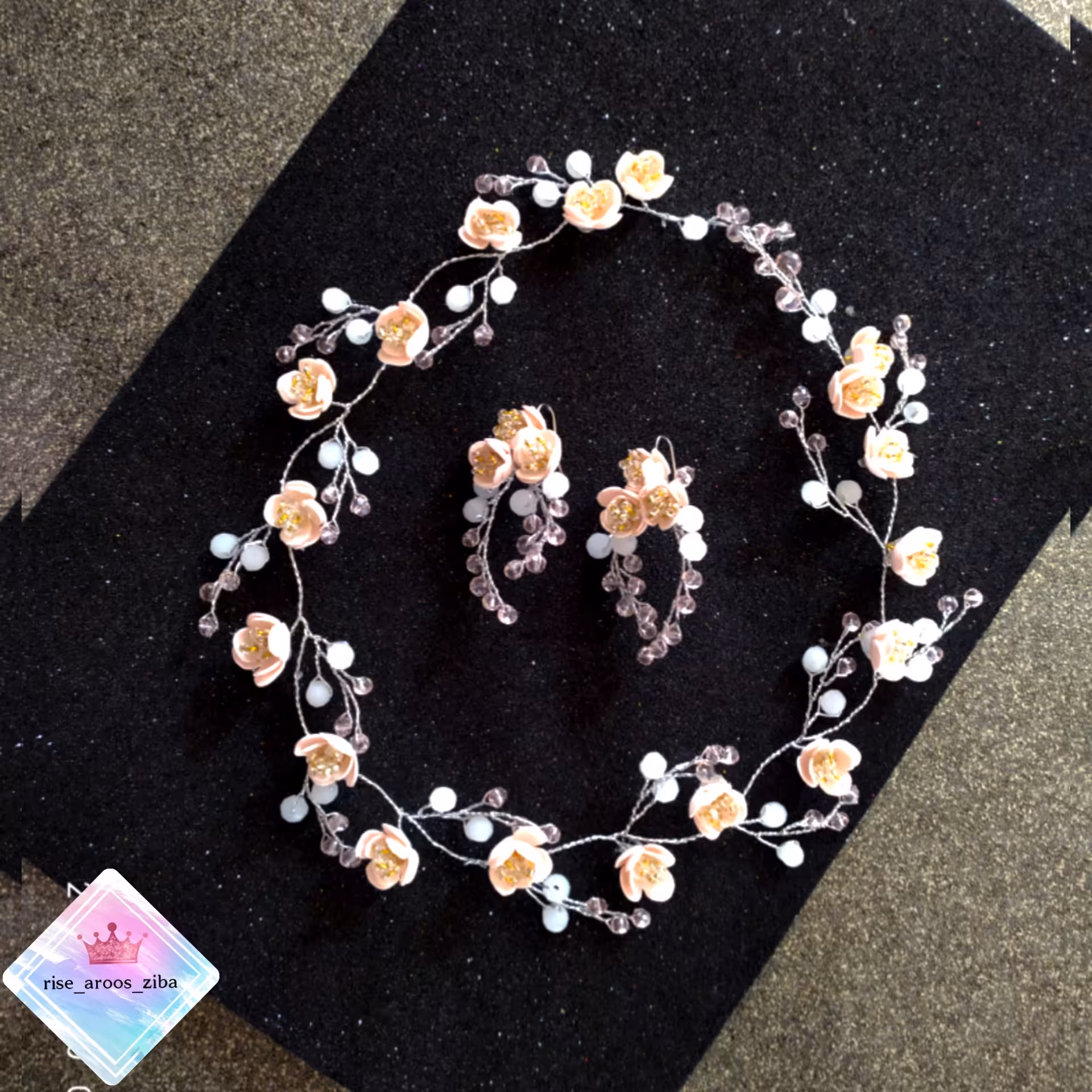 ست ریسه و گوشواره ظریف گل فوم و کریستال