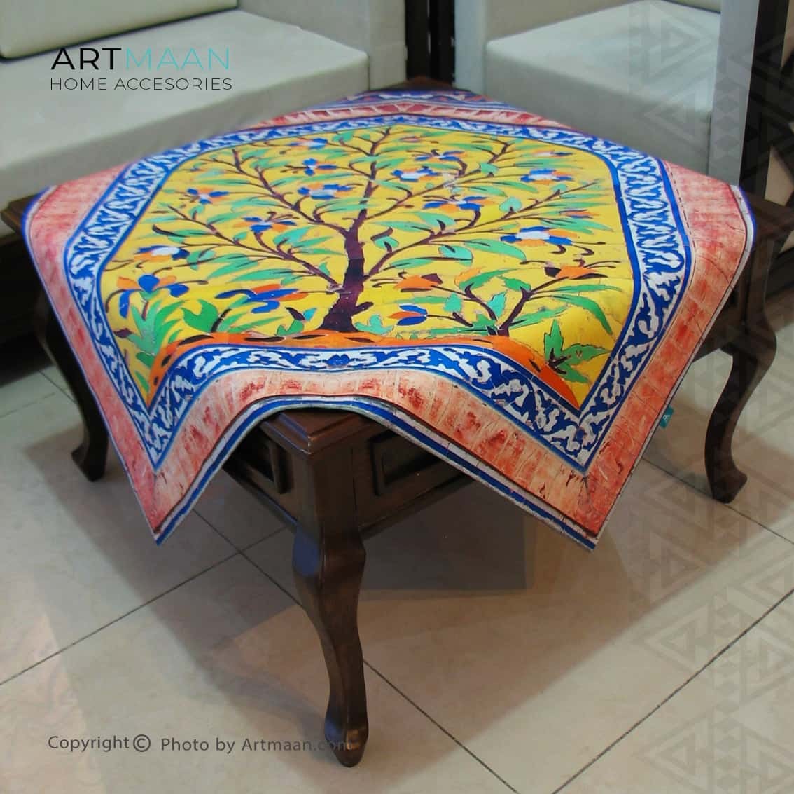 رومیزی مخمل 100x100 طرح کاشی درخت زرد با خط آرت مان