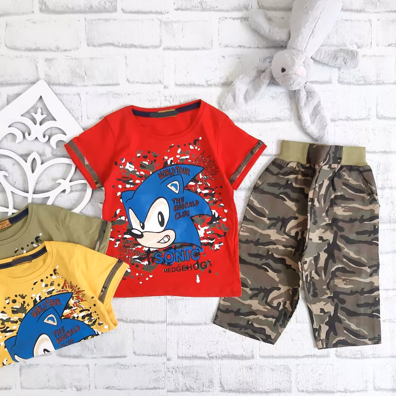 تیشرت و شلوارک چریکی بیرونی دخترانه و پسرانه سایز 40 طرح سونیک کد 568n