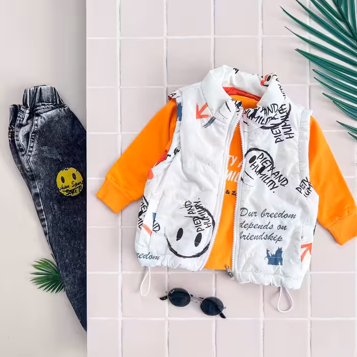 ست سه تیکه بلوز و شلوار جین و پافر شیک و کاربردی  پافر ضد آب تک رنگ کیفیت تضمینی 