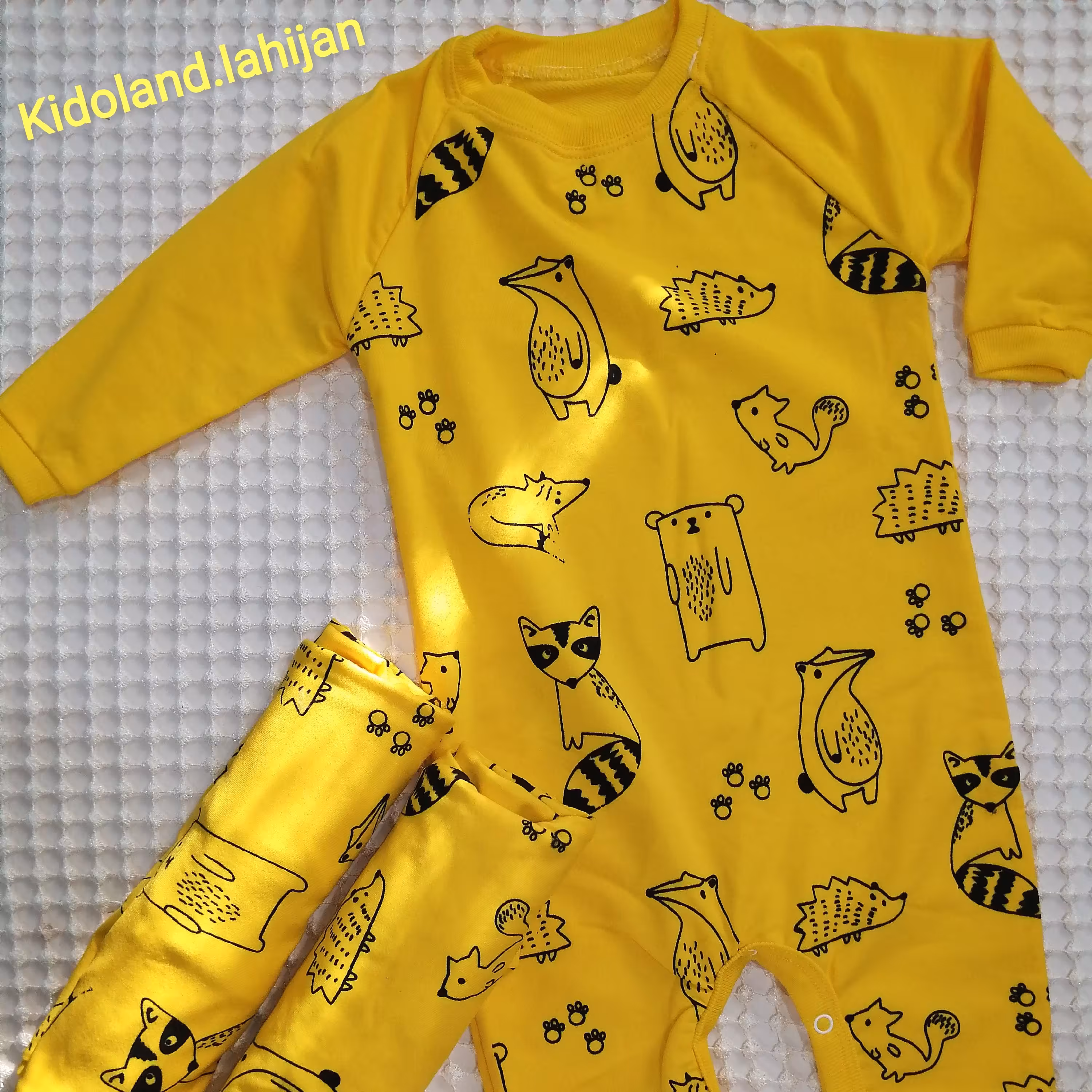 سرهمی رامپر طرح حیوانات جنگل دخترانه پسرانه بچگانه نوزادی تا 5سال رنگ زرد دورس