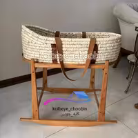 گهواره حصیری  با پایه و سبد حمل کودک (ننو)حصیر ی دسته چرم  جنس پایه (چوب راش ) سایز 70 در 40 برای سیسمونی کودک   