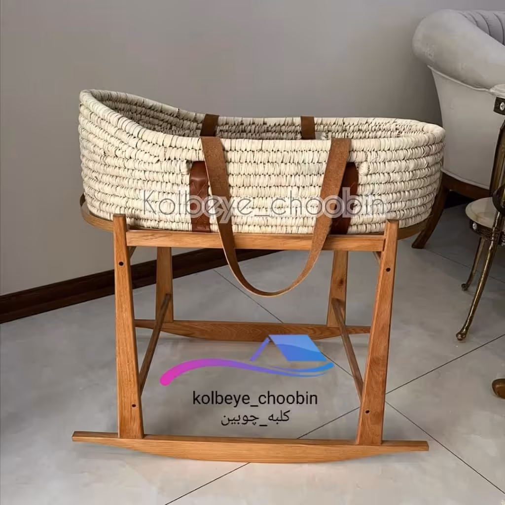 گهواره حصیری  با پایه و سبد حمل کودک (ننو)حصیر ی دسته چرم  جنس پایه (چوب راش ) سایز 70 در 40 برای سیسمونی کودک