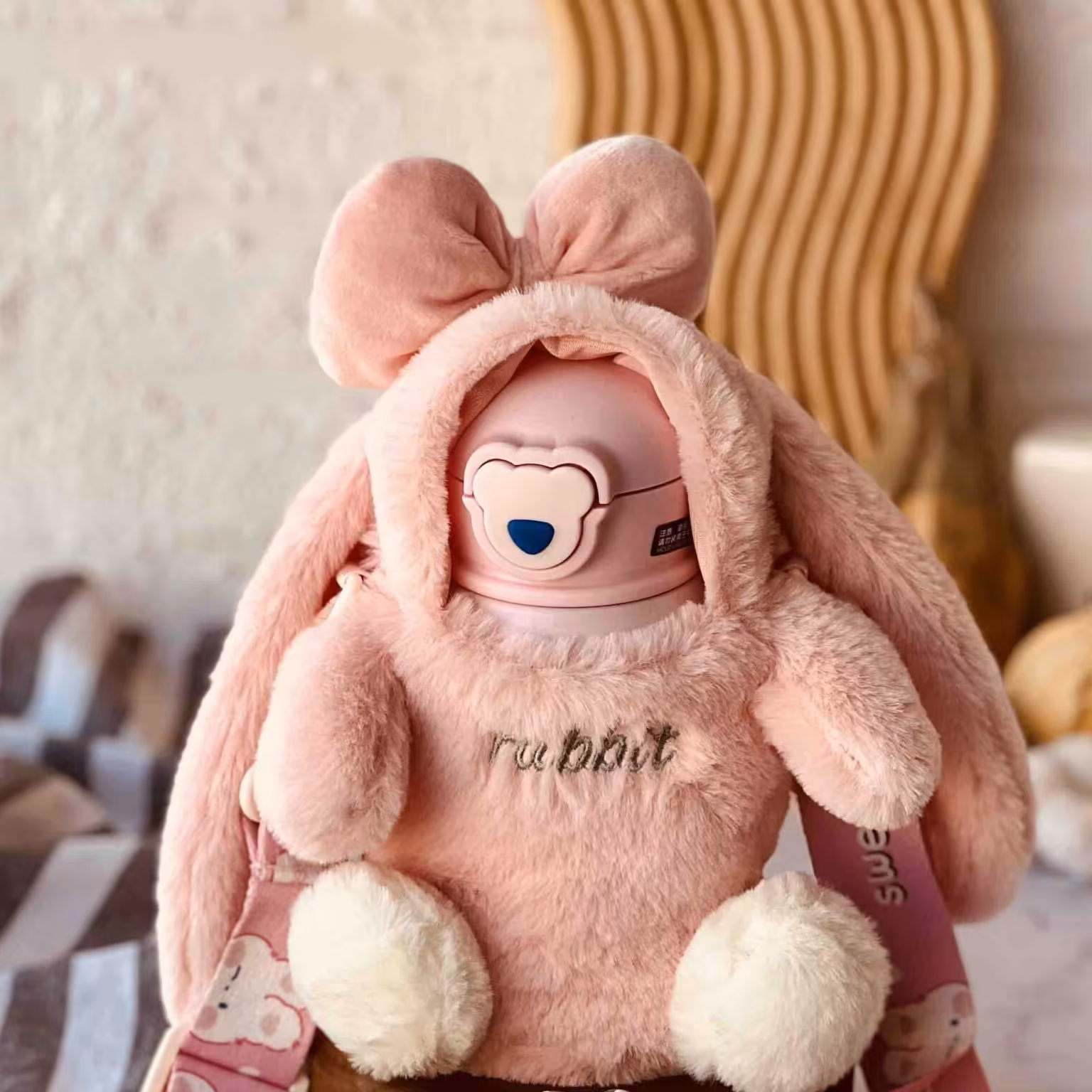 فلاسک استیل فانتزی دوجداره نی دار کاور پولیشی عروسکی خرگوشی بند دار