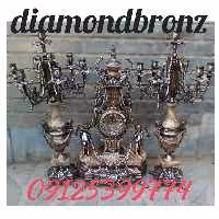 ساعت و شمعدان برنزاصل مدل سلطنتی ابکاری انتیک دودی با سنگ شکلاتی