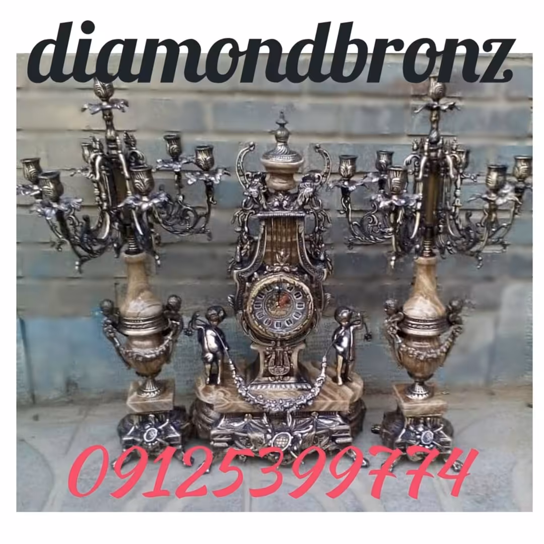 ساعت و شمعدان برنزاصل مدل سلطنتی ابکاری انتیک دودی با سنگ شکلاتی