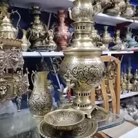 صنایع دستی برنجی قلمکاری دست سماور سیاه قلم زغالی ذغالی قلمزنی کاملا دست ساز نانو ضخیم برند جهان نما 
