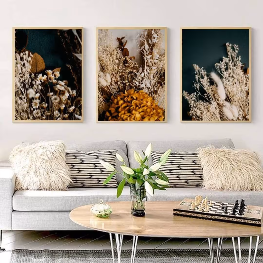 تابلو دکوراتیو طرح گلها وزمینه سبز سه تکه