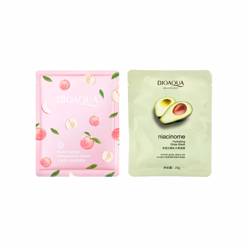 ماسک صورت بایو آکوا مدل هلو وزن 25 گرم به همراه ماسک صورت مدل آووکادو