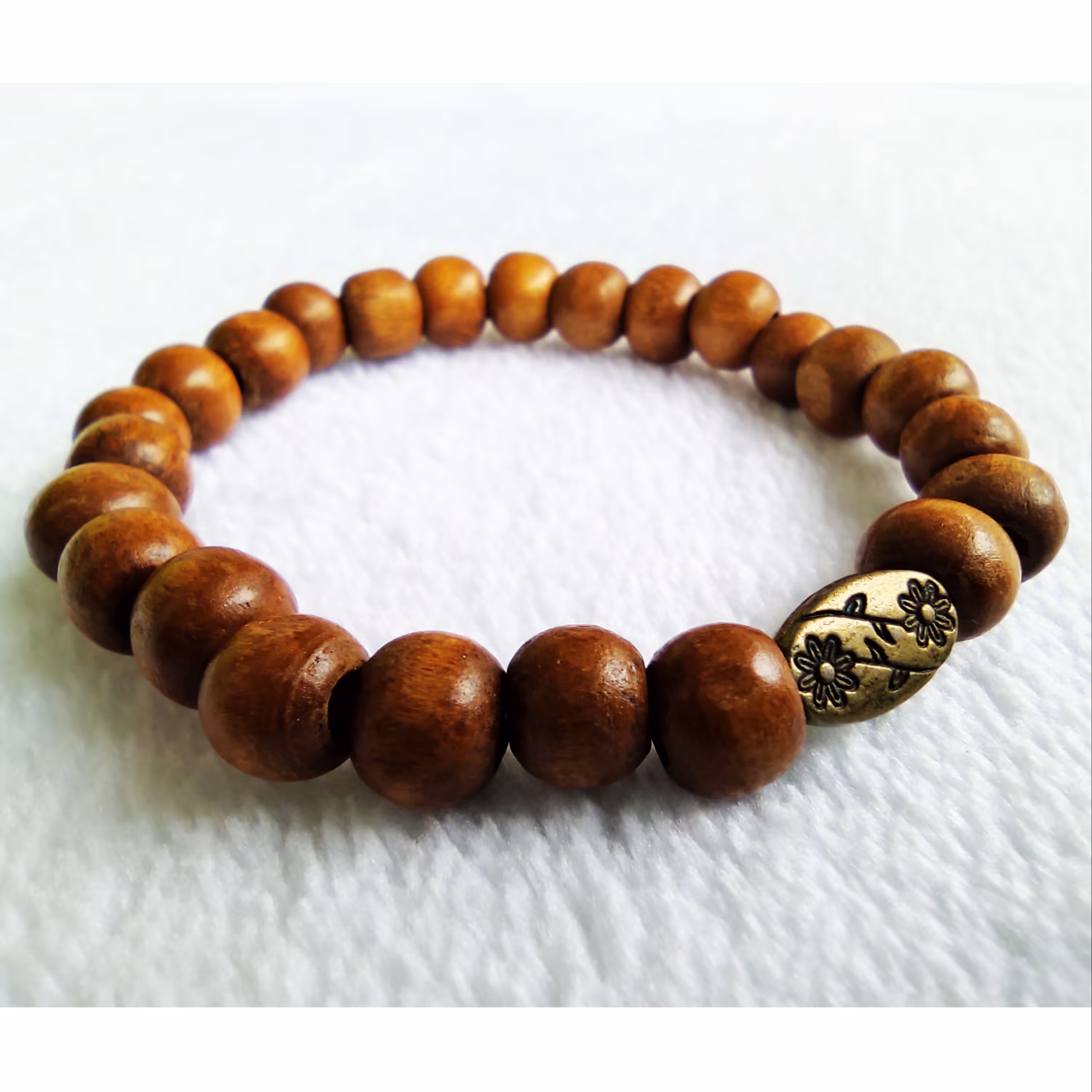 دستبند چوبی با پلاک برنجی طرح دو گل