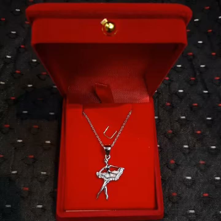 گردنبند نقره بالرین دامن صورتی ایتالیایی با عیار 925 و آبکاری طلاسفید