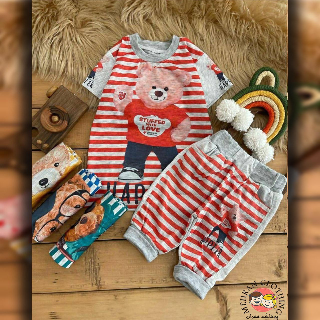لباس بچه گانه -1290 - تیشرت شلوارک طرح تدی راه راه
