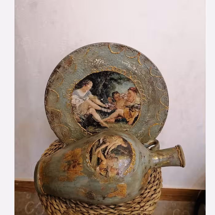 کوزه و بشقاب طرح پتینه کاری شده 